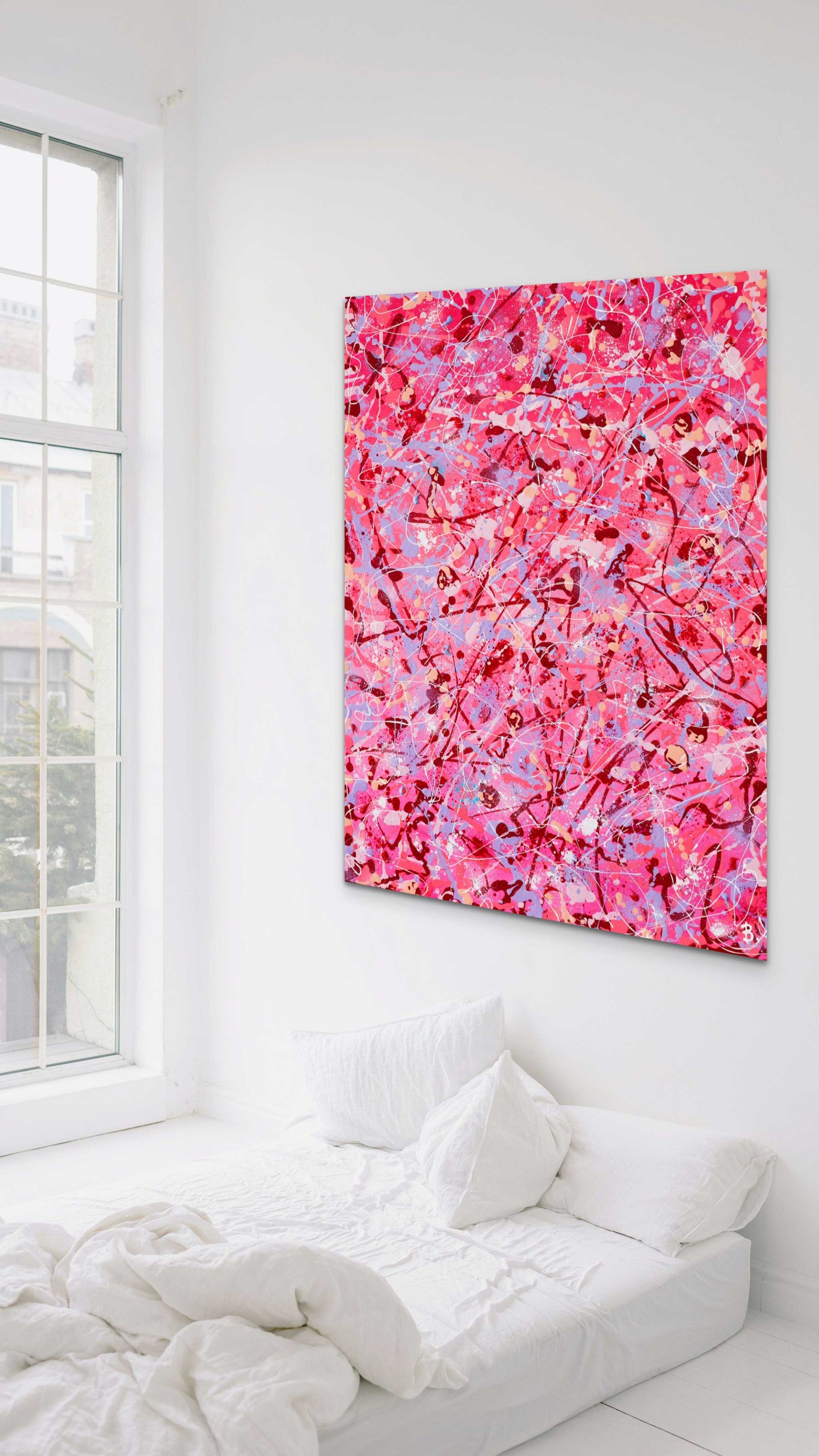 'Self Love' original abstract expressionism paitning hanging on white wall with white decor. Painted by Bridget Bradley, Abstract Artist, Australia