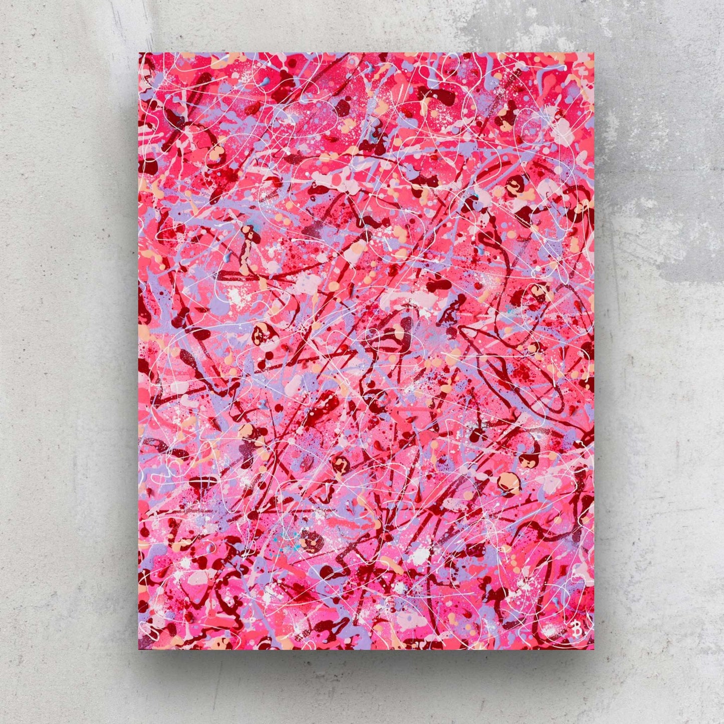 Self Love, large, acrylic, abstract painting in bright pinks, reds, pastel peach, mauve and whites. 120h x 76 w cms. Painted by Bridget Bradley, contemporary Abstract Artist