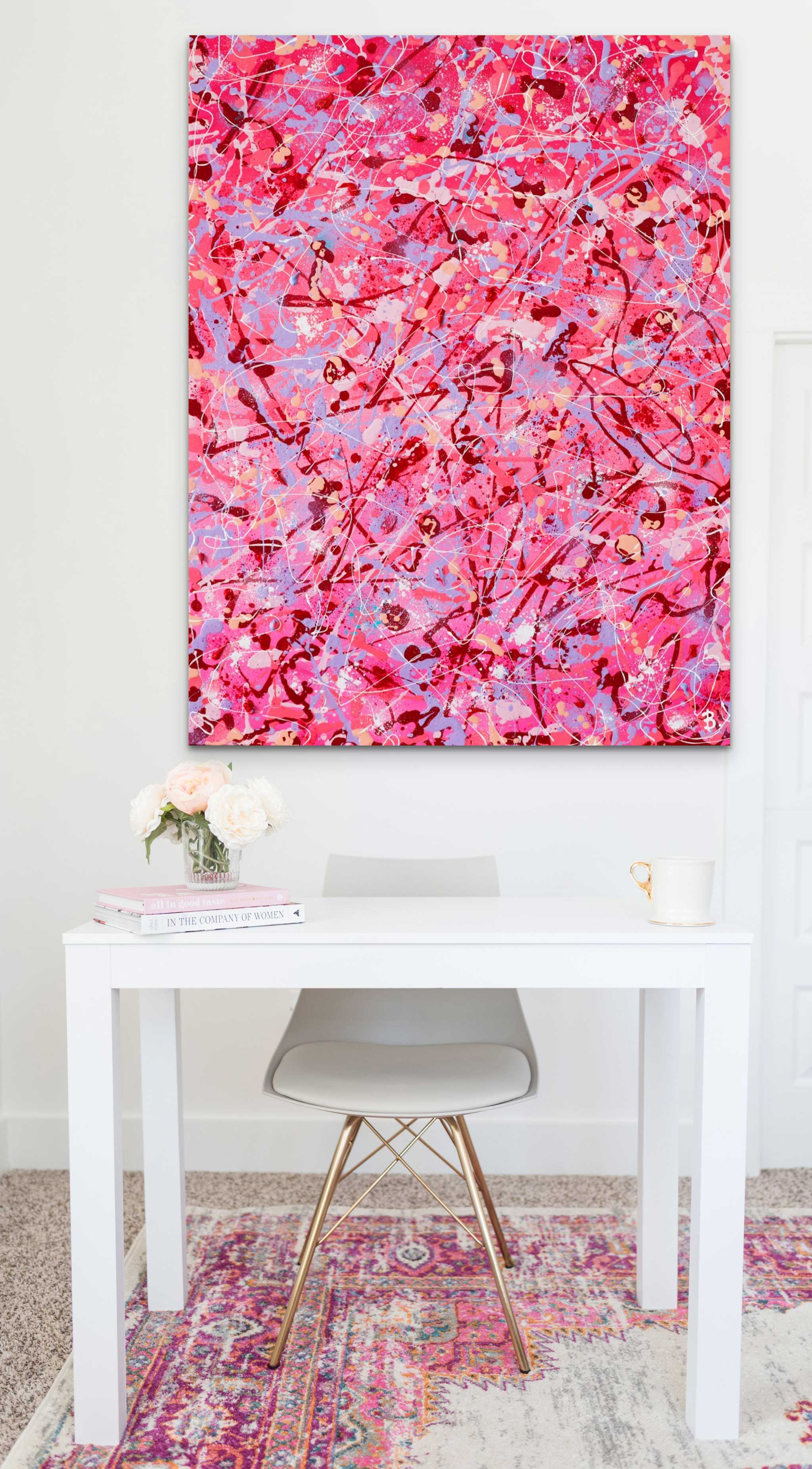 'Self Love' original painting in bright pinks, pastels and reds for Valentine's Day. seen hanging in situ above a white table. Painted by Bridget Bradley to celebrate 'self love'