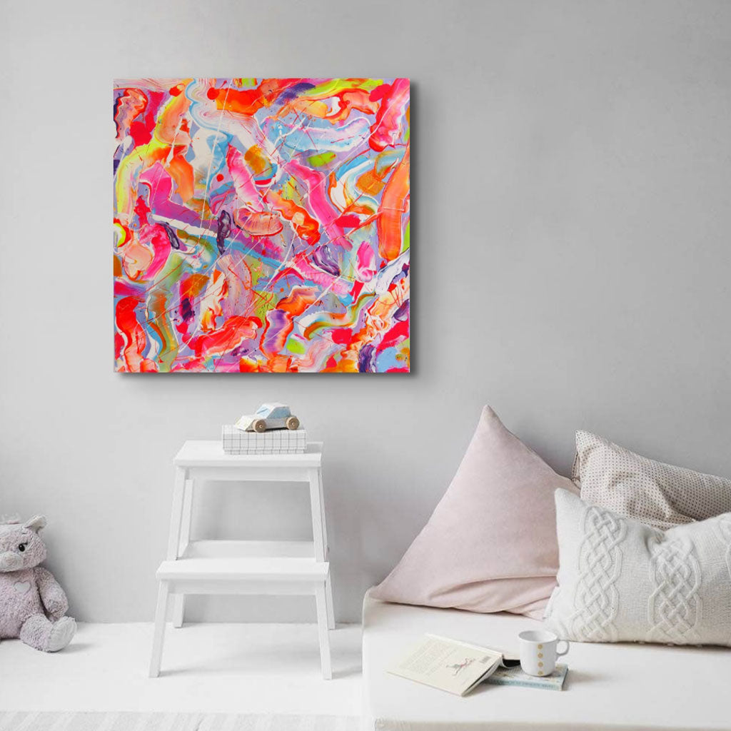 Sugar Fix, original abstract painting, hand-painted by Bridget Bradley. Seen hanging in a child's room.
