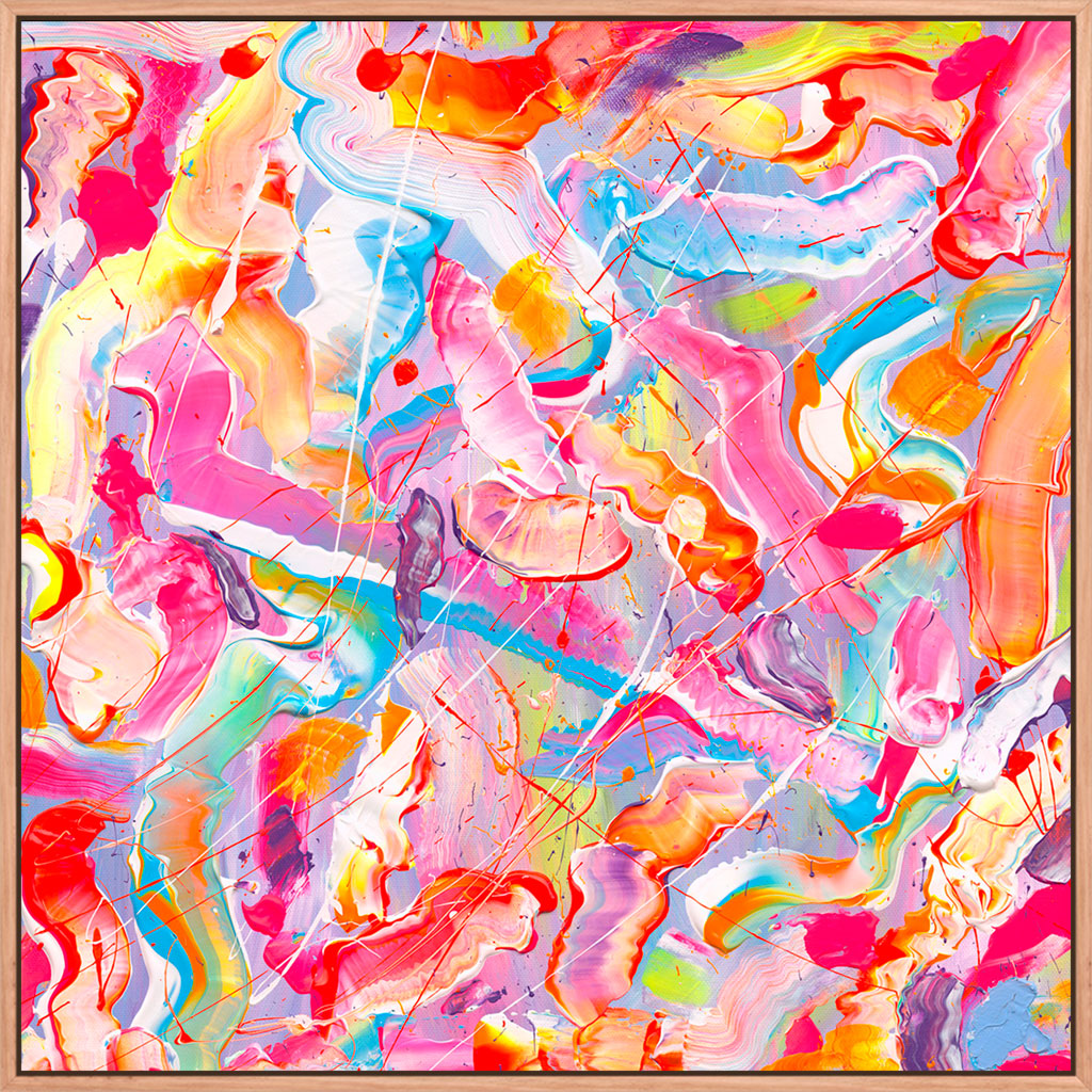 'Sugar Fix' brightly colored, abstract fine art print on canvas, oak float frame. After the original by Bridget Bradley