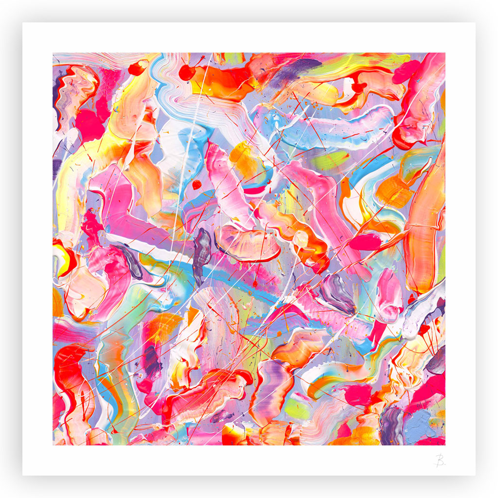 'Sugar Fix' colourful fine art print with white border, unframed. After the original abstract painting on paper by Bridget Bradley
