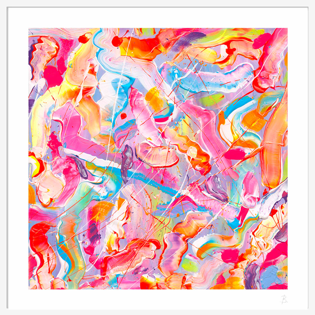 'Sugar Fix' colourful abstract afine art print seen with white border and white frame. After original painting by Bridget Bradley Abstract Artist, Australia