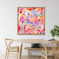 'Sugar Fix' canvas art print in oak float frame above modern wood dining table and chairs. After original painting by Bridget Bradley