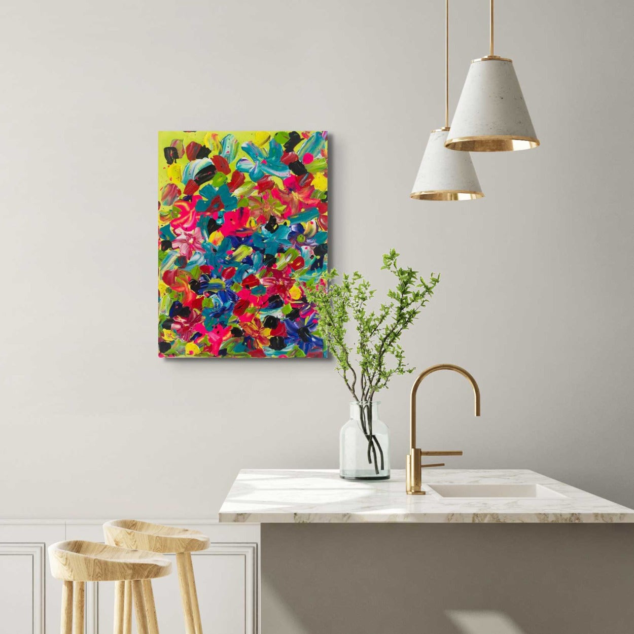 Summer Garden, original canvas painting seen hanging in kitchen setting. Bold, abstract expressionism art by Bridget Bradley