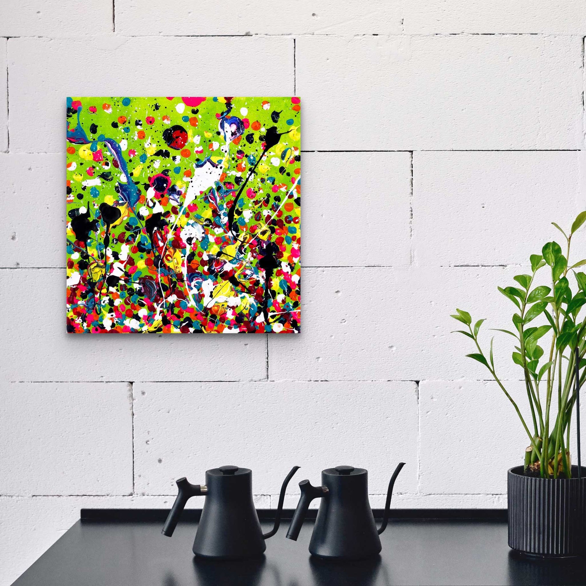 Image of 'The Green Room' original abstract canvas art seen hanging in a kitchen space. Explore more of Bridget Bradley's art
