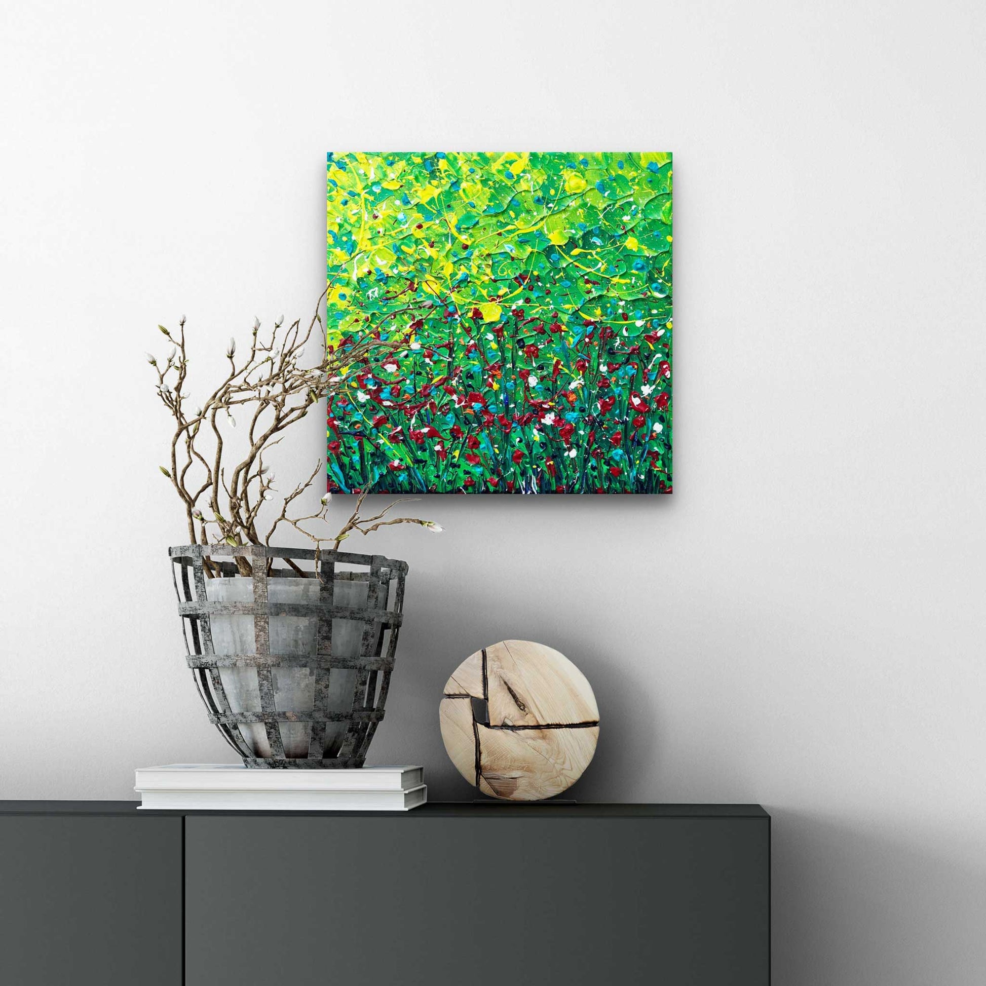 'The Wildflowers' small textured abstract painting on canvas in greens and wild flower hues. Painted by Bridget Bradley, Abstract Expressionism Artist. Learn more about this special painting