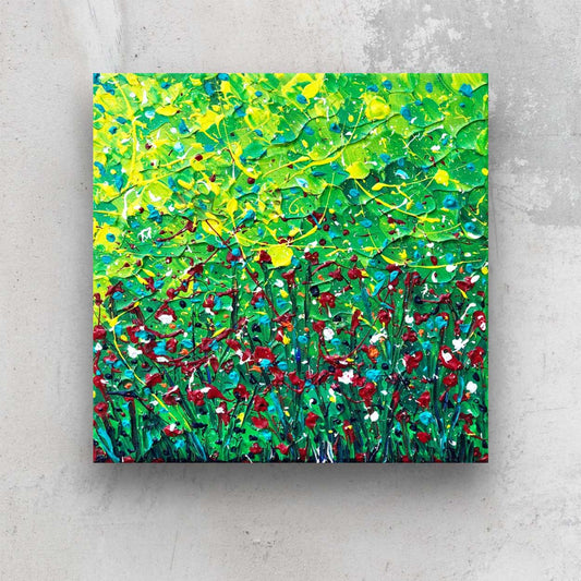 The Wildflowers, award winning abstract expressionism apitning in vivid greens , yellows, reds, orange, blue and whites. Textured abstract art painted by Bridget Bradley