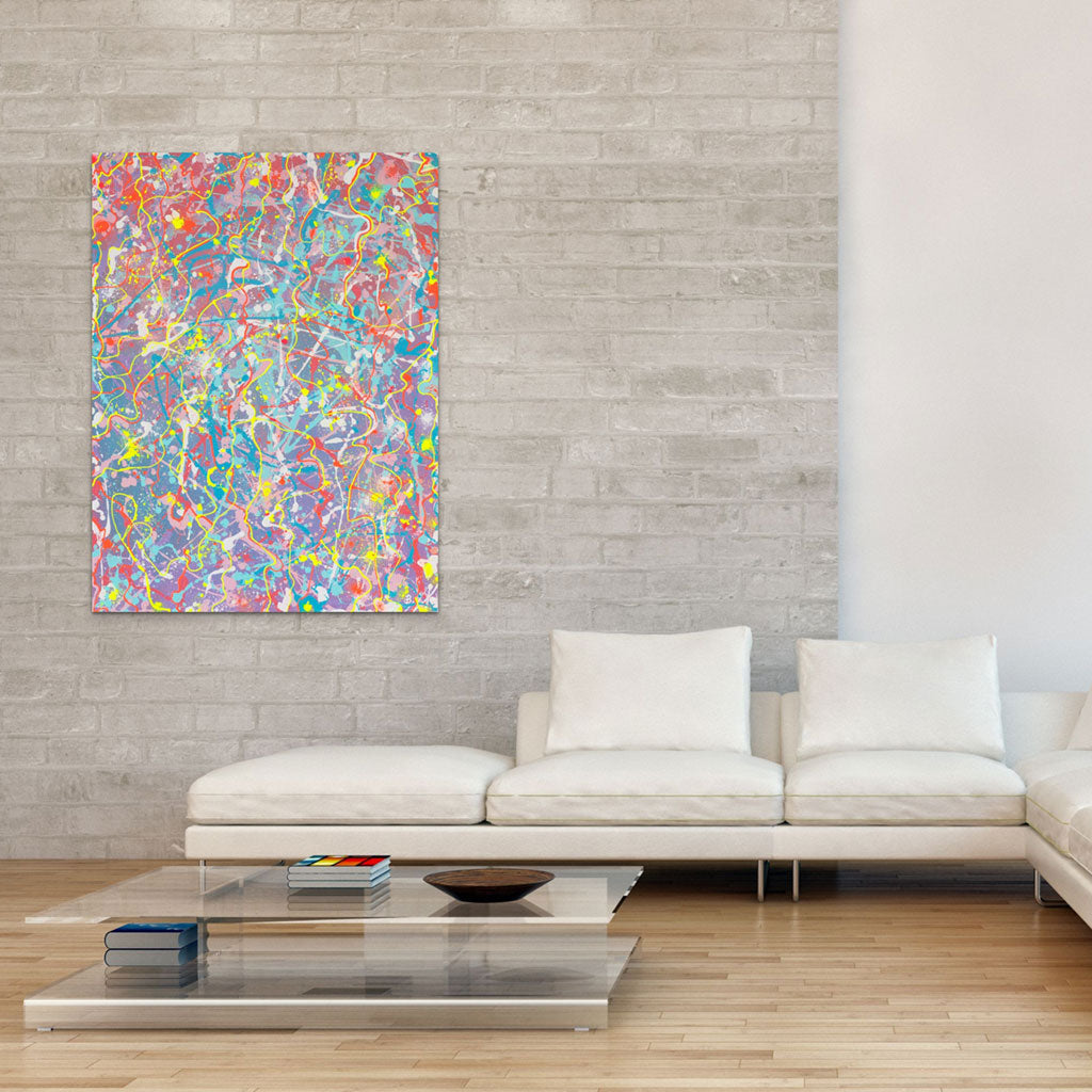 'Truth' original abstract painting hanging above white sofa. Created by Abstract Artist Bridget Bradley, Australia