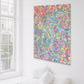 'Truth' original abstract expressionism painting with bright pastels and neon colours in white room hanging above bed.  Painting created by Bridget Bradley